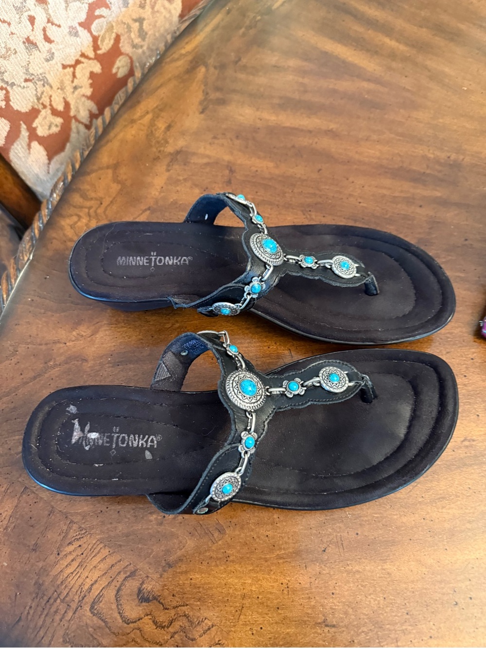 Minnetonka Black Sandals with Turquoise Stone Accents